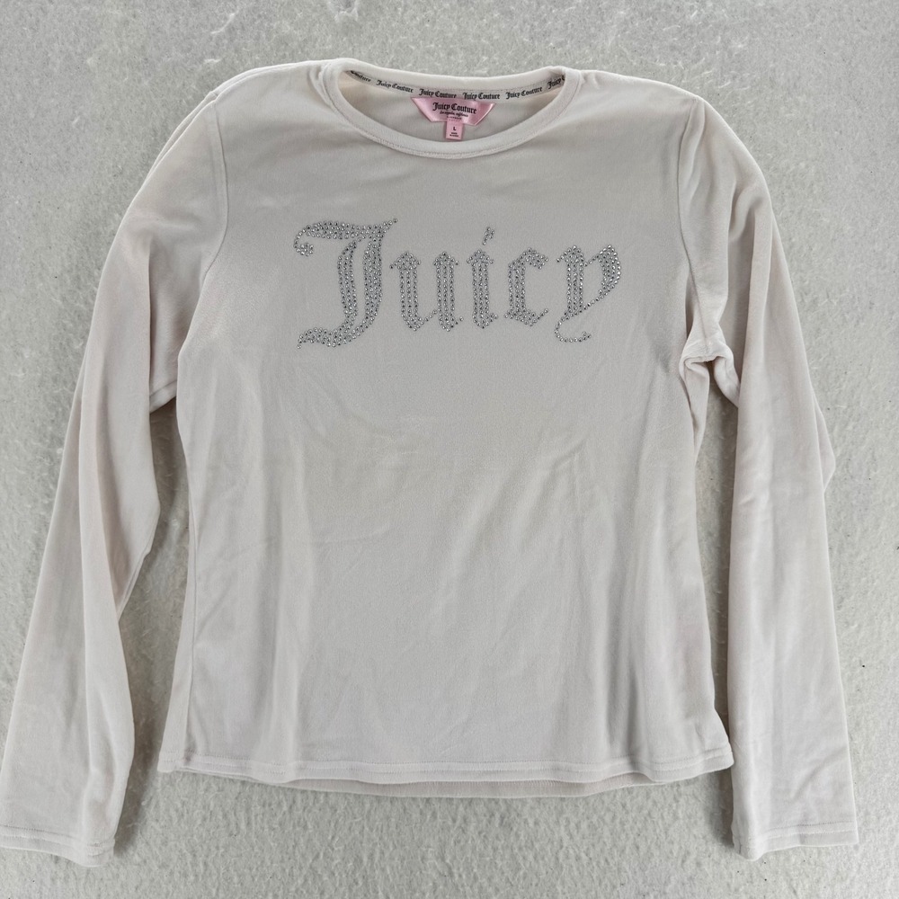 Juicy Couture - Long Sleeve Velour Rhinestone Top - Cream - L - Women